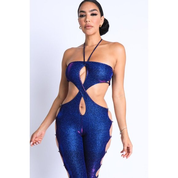 Women's Sleeveless Glittery Cutout Halter Neck Keyhole Sexy Party Jumpsuit - Picture 9 of 10